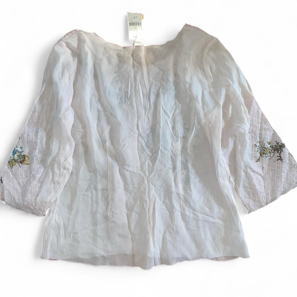 J Jill embroidered semi sheer button up quarter sleeve lavender blush floral top - Picture 7 of 9
